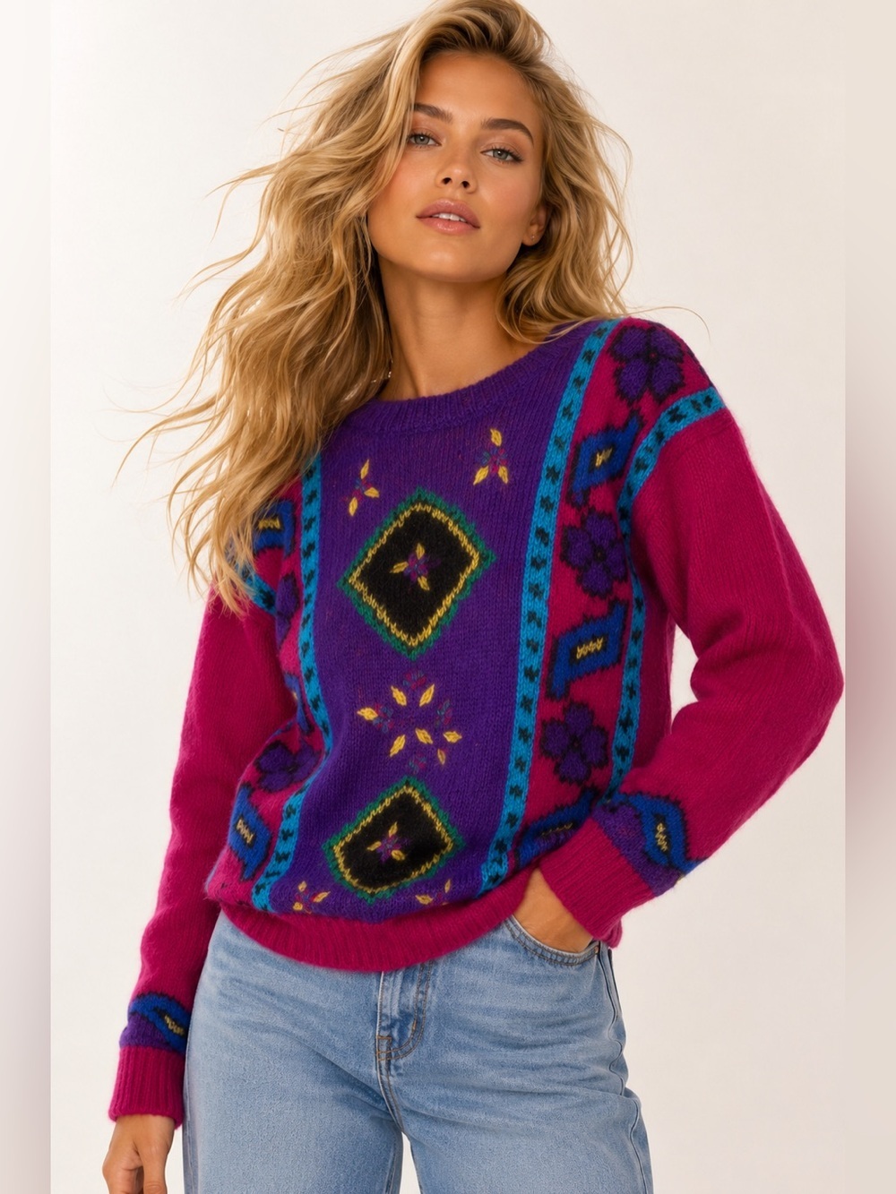 Vintage Lauren Cole Petites Mohair Sweater Bright Spring Geometric Cozy Knit Y2K
